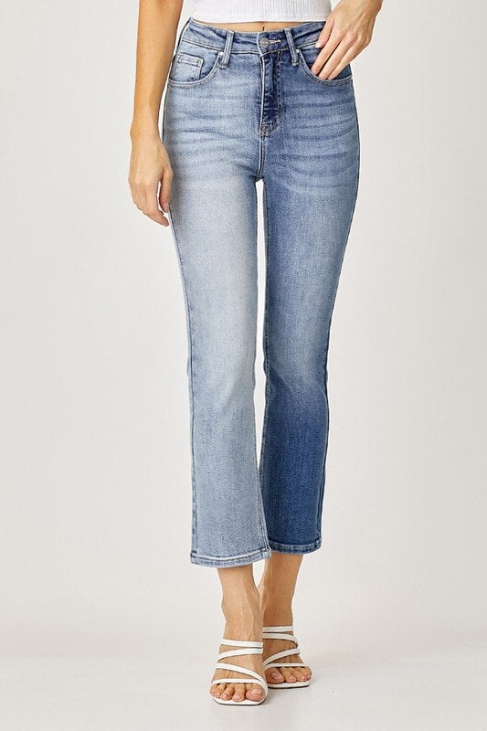Two-tone high-rise slim-leg jeans
